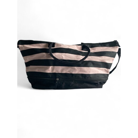 Victorias Secret Black & Pink Striped Canvas Overnight Bag Expandable - Picture 4 of 6